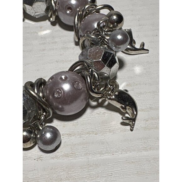 Vtg Charm Bracelet Silver Lavender Beaded Dolphin Starfish Key Accents Stretch - Picture 2 of 9